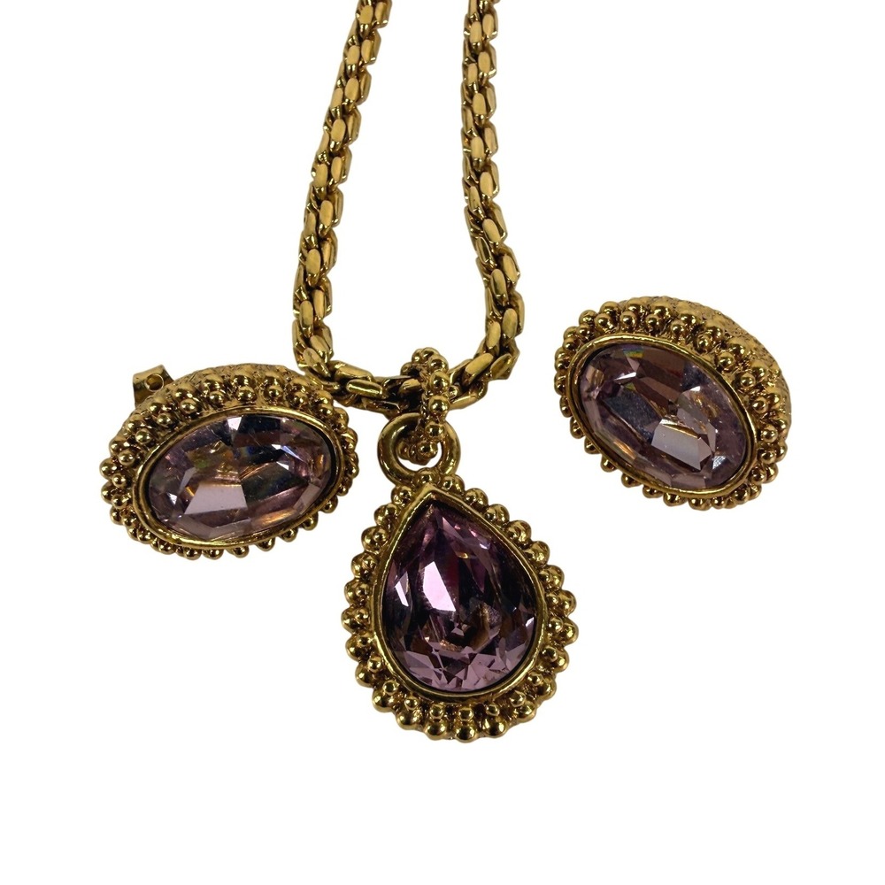 Vintage 1928 Jewelry Purple Rhinestone Pendant Necklace and Earrings Gold Tone